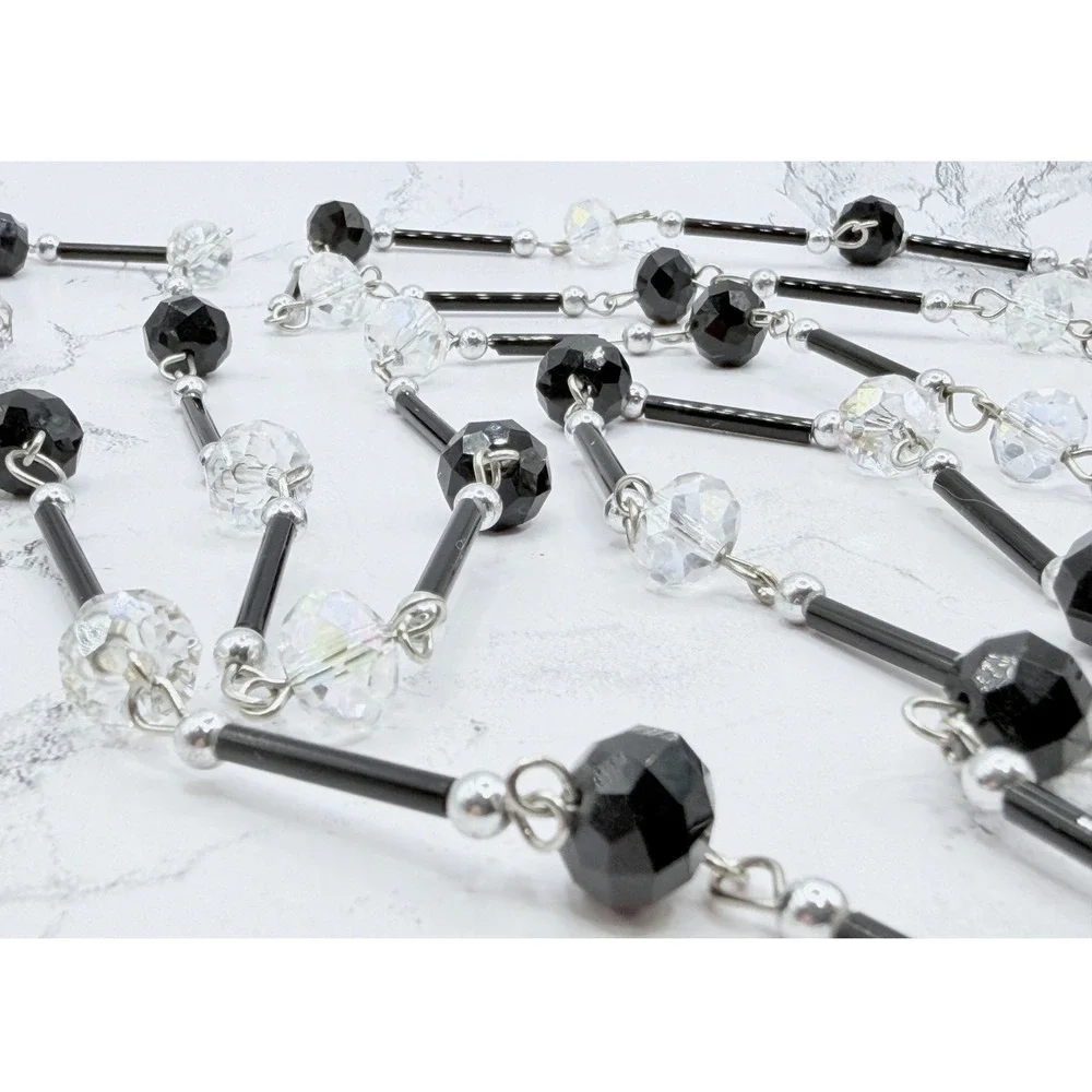 Long Black & Clear Faceted Bead Necklace 59 Inch‎ No Clasp